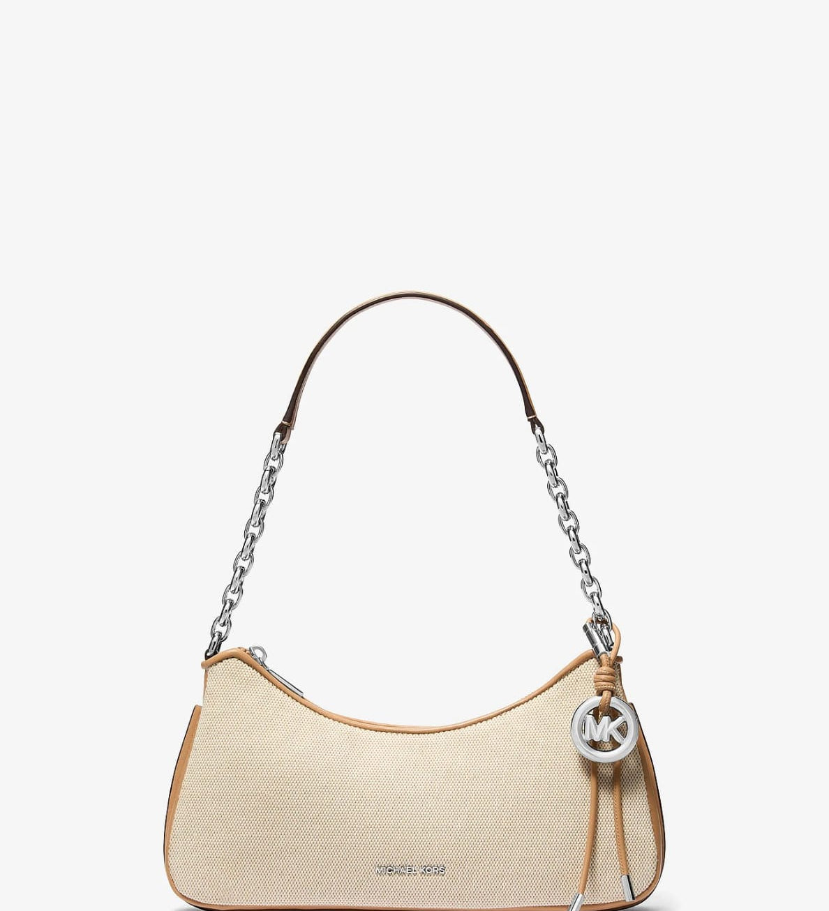 Michael Kors Mila Small Shoulder Bag in natural canvas with silver chain strap and MK charm