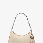 Michael Kors Mila Small Shoulder Bag in natural canvas with silver chain strap and MK charm