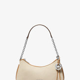 Michael Kors Mila Small Shoulder Bag in natural canvas with silver chain strap and MK charm