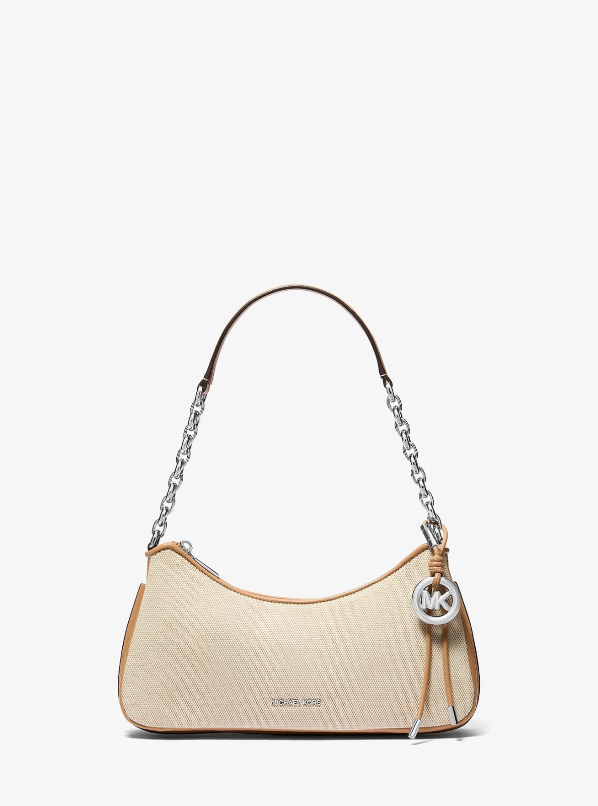 Michael Kors Mila Small Shoulder Bag in natural canvas with silver chain strap and MK charm