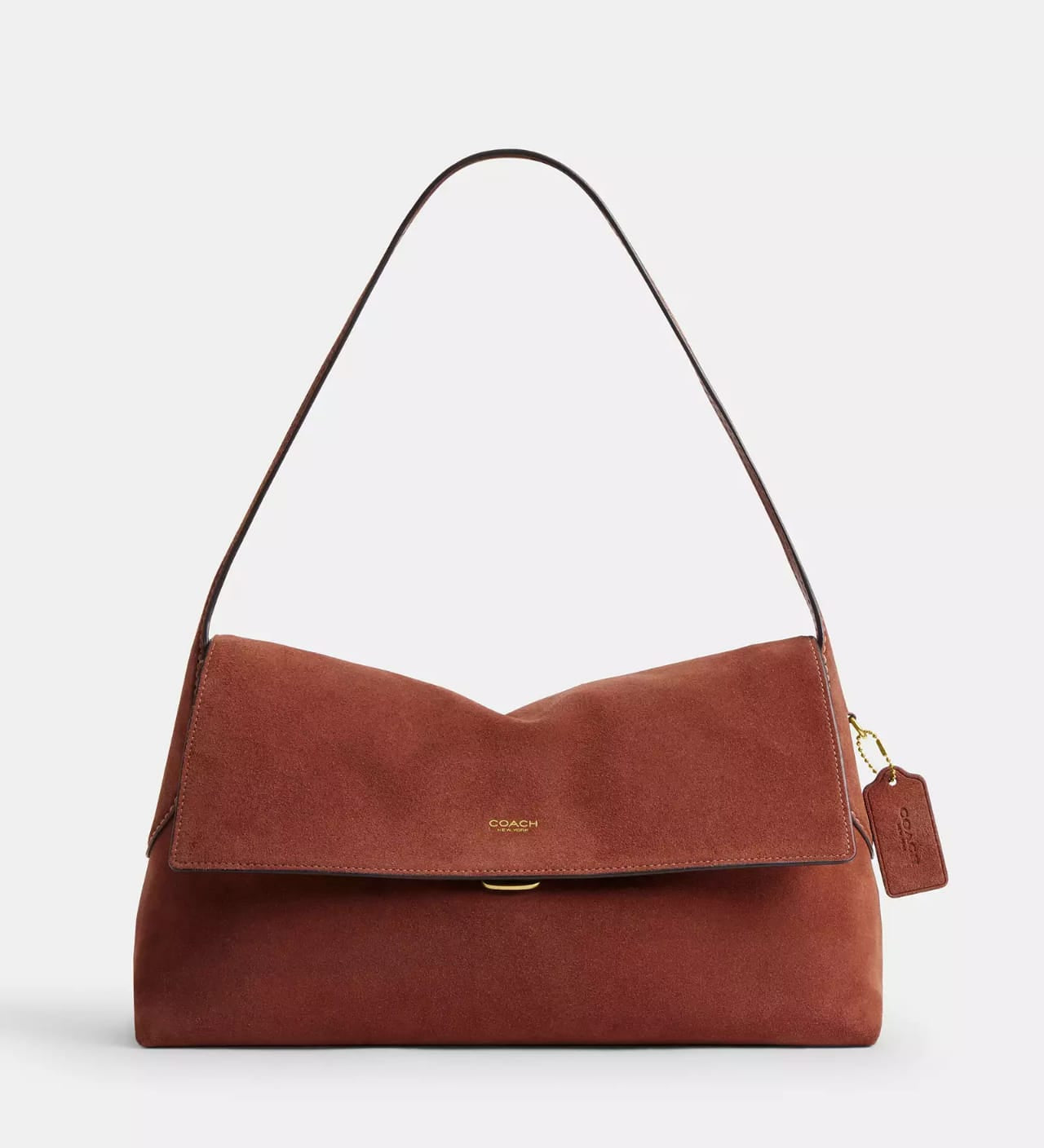 Coach Mira Shoulder Bag in cognac suede leather with gold Coach tag charm