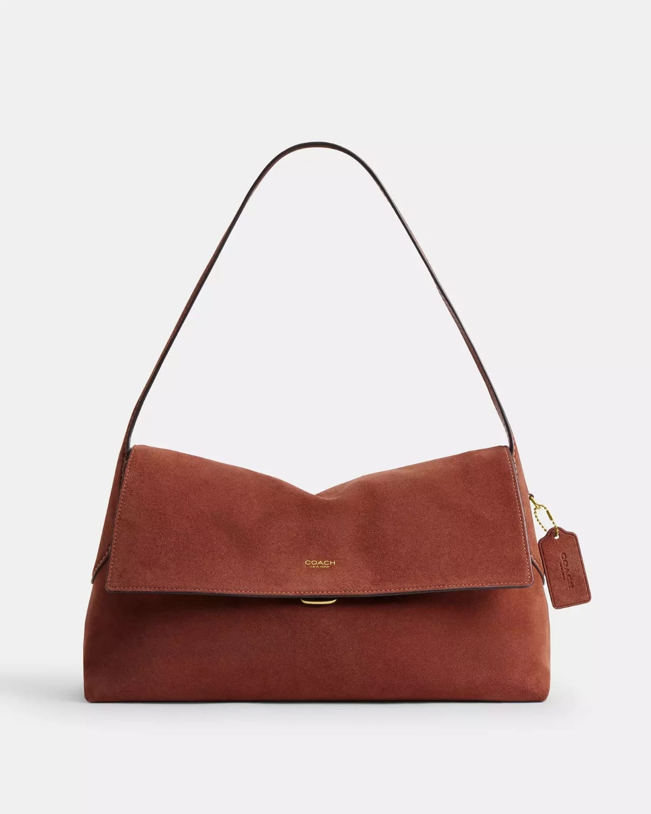 Coach Mira Shoulder Bag in cognac suede leather with gold Coach tag charm