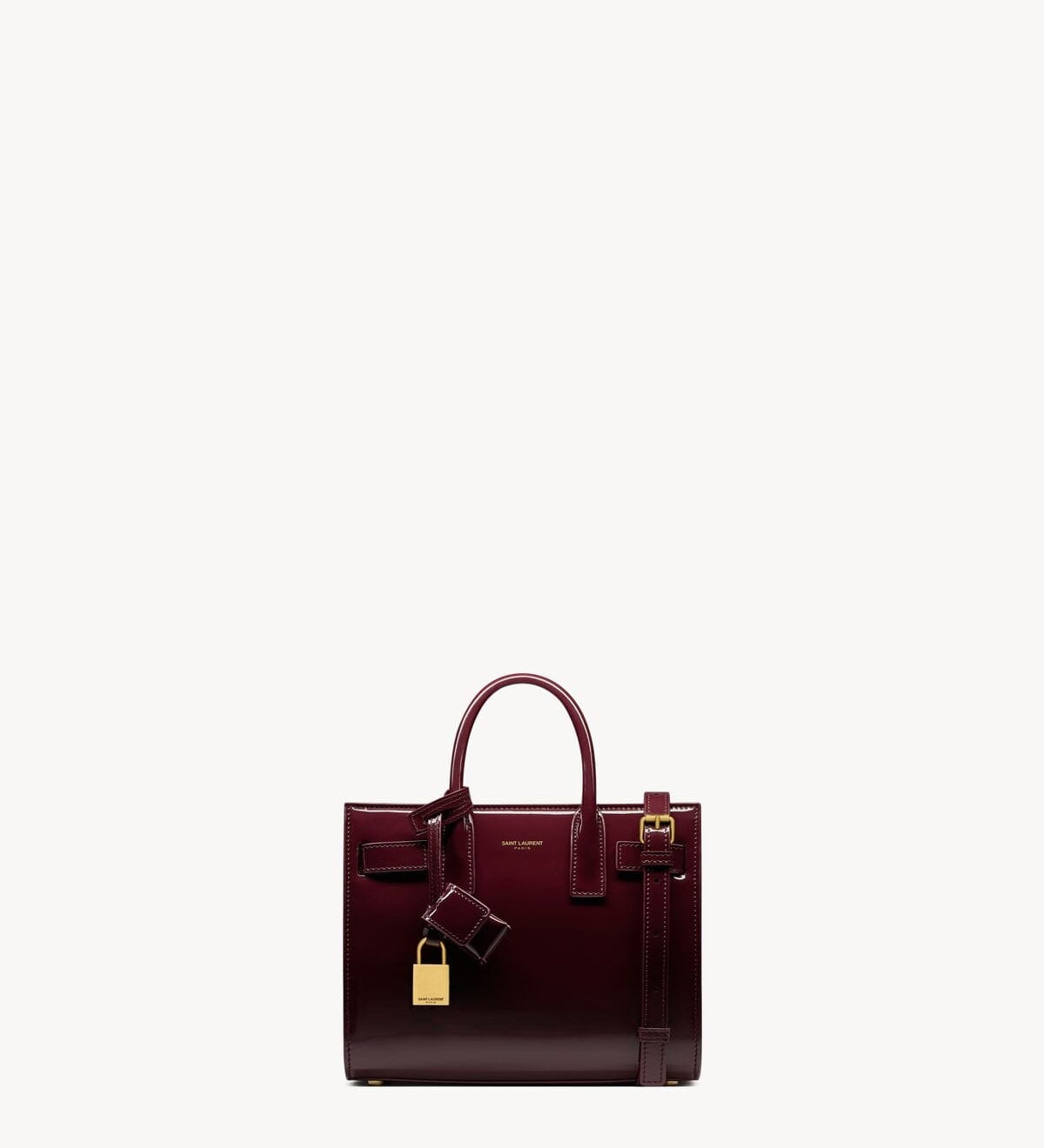 Saint Laurent Sac de Jour Baby Bag in burgundy glazed leather with gold hardware
