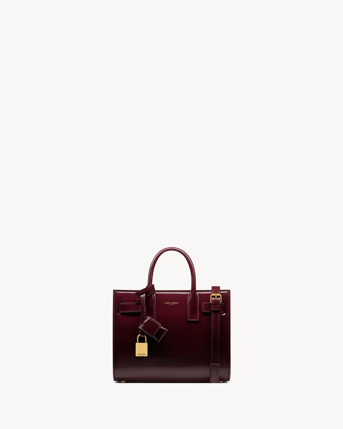 Saint Laurent Sac de Jour Baby Bag in burgundy glazed leather with gold hardware